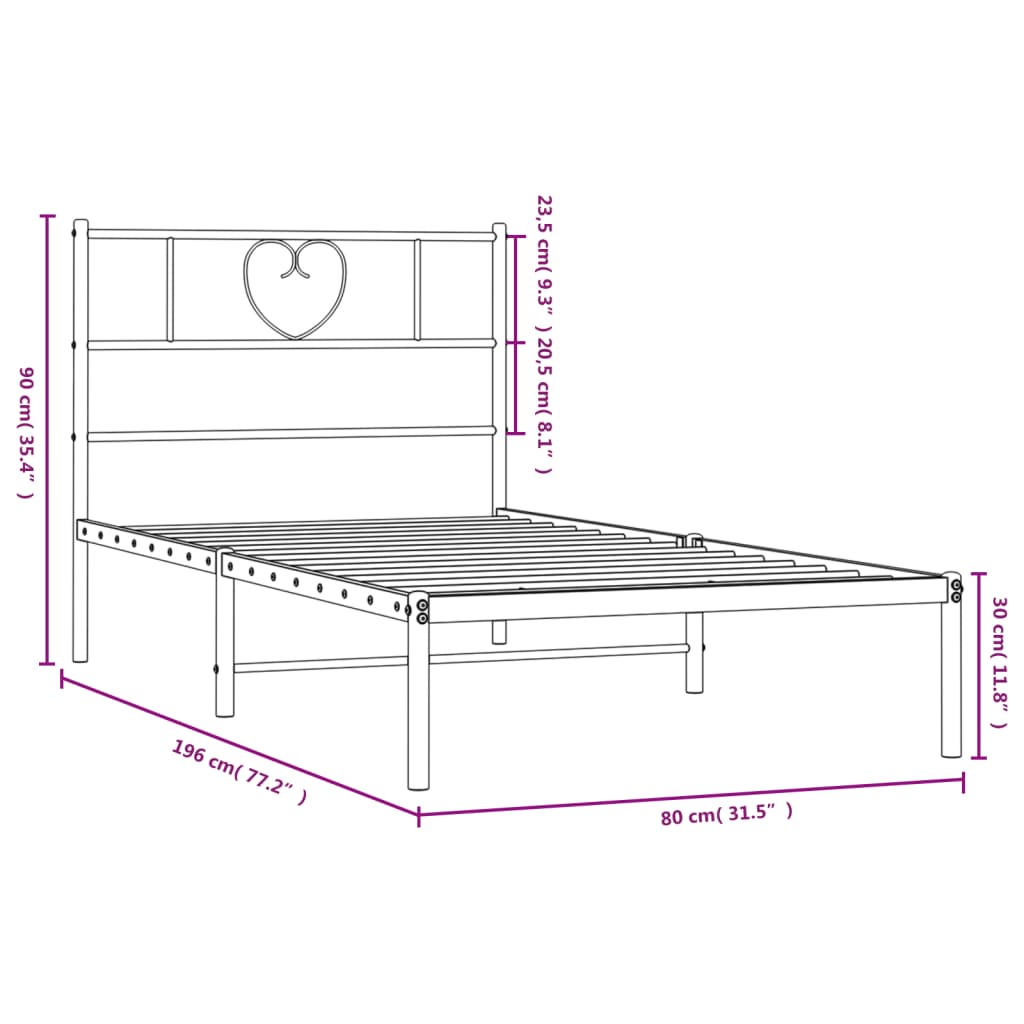 Metal Bed Frame without Mattress with Headboard Black 75x190cm