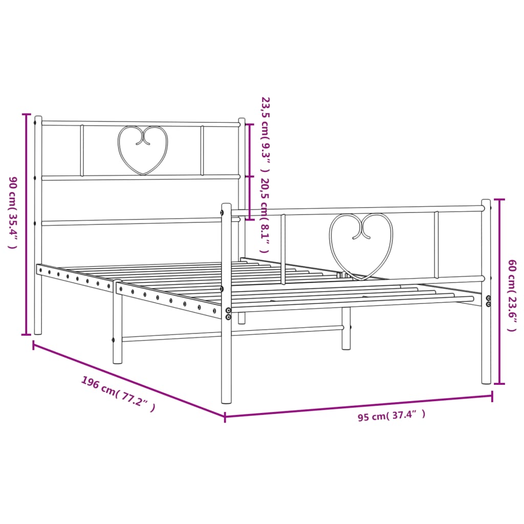 Metal Bed Frame without Mattress with Footboard Black 90x190cm