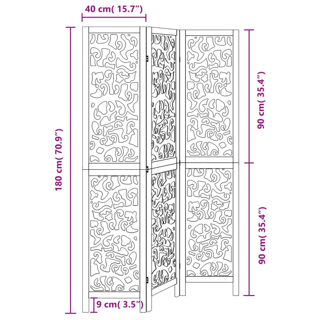 Room Divider 3 Panels Black Solid Wood Paulownia