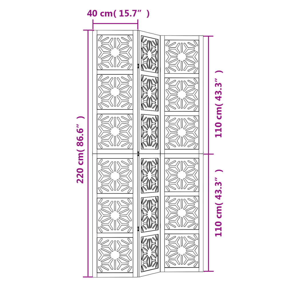 Room Divider 3 Panels Brown and Black Solid Wood Paulownia