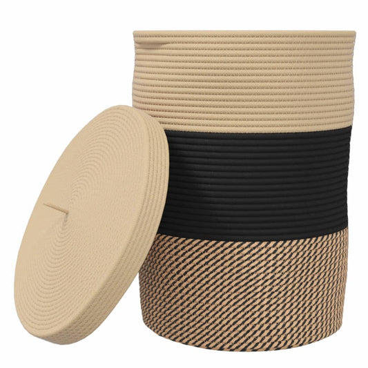 Storage Basket with Lid Black and Beige Ø37x50 cm Cotton Storage Basket with Lid Black and Beige Ø37x50 cm Cotton