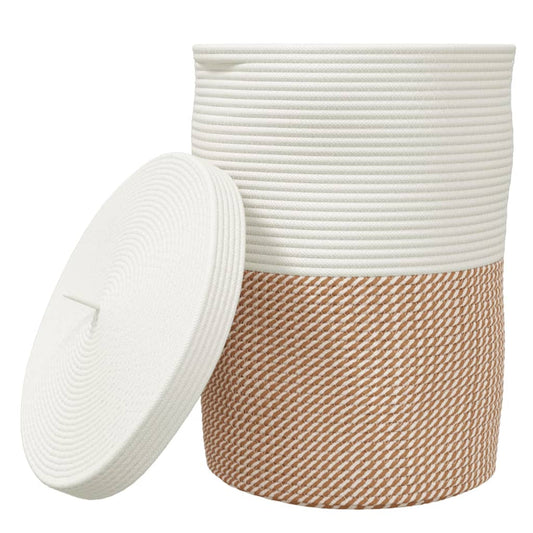 Storage Basket with Lid Brown and White Ø37x50 cm Cotton Storage Basket with Lid Brown and White Ø37x50 cm Cotton