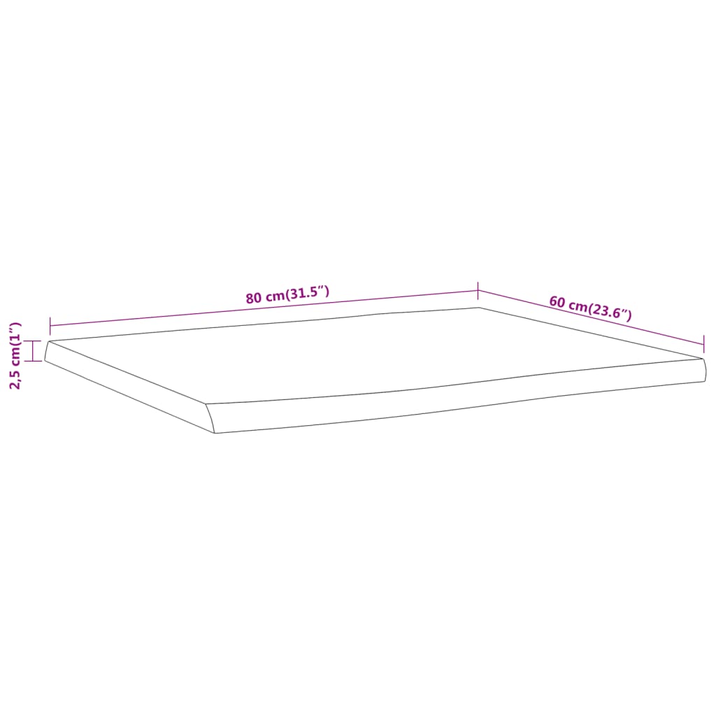 Table Top 80x60x2.5 cm Rectangular Solid Wood Acacia Live Edge