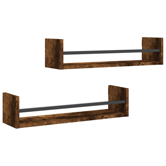 Wall Shelves with Bars 2 pcs Smoked Oak 60x16x14 cm Wall Shelves with Bars 2 pcs Smoked Oak 60x16x14 cm