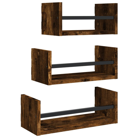 3 Piece Wall Shelf Set with Bars Smoked Oak Engineered wood 3 Piece Wall Shelf Set with Bars Smoked Oak Engineered wood