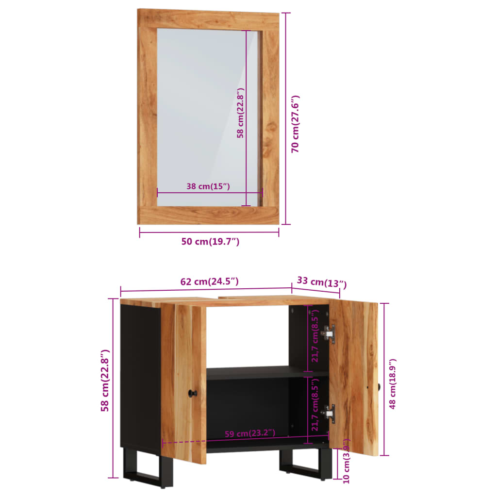 2 Piece Bathroom Furniture Set Solid Wood Acacia