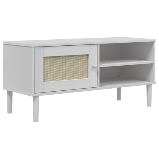 TV Cabinet SENJA Rattan Look White 106x40x49cm Solid Wood Pine TV Cabinet SENJA Rattan Look White 106x40x49cm Solid Wood Pine