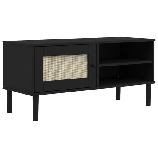 TV Cabinet SENJA Rattan Look Black 106x40x49cm Solid Wood Pine TV Cabinet SENJA Rattan Look Black 106x40x49cm Solid Wood Pine