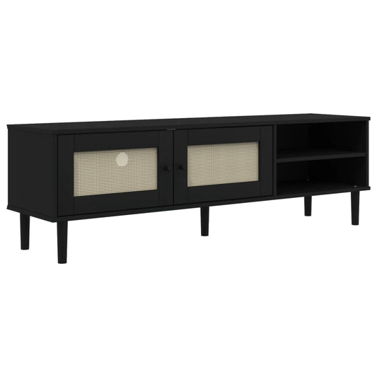 TV Cabinet "SENJA" Rattan Look Black 158x40x49cm Solid Wood Pine TV Cabinet "SENJA" Rattan Look Black 158x40x49cm Solid Wood Pine