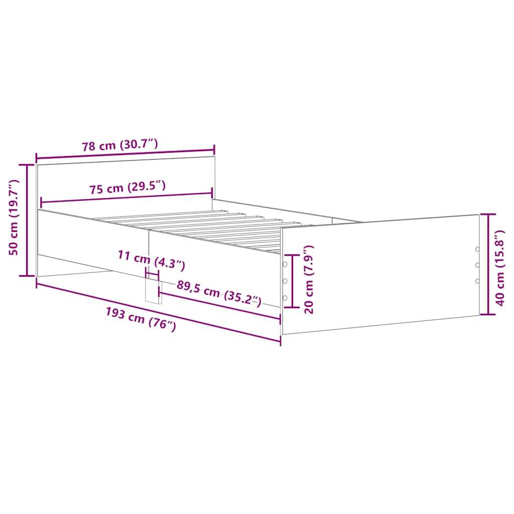 Bed Frame without Mattress Concrete Grey 75x190 cm Small Single