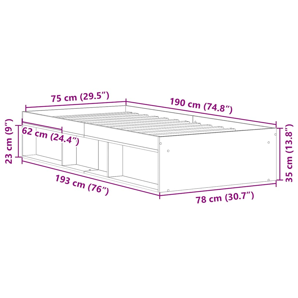 Bed Frame without Mattress Sonoma Oak 75x190 cm Small Single