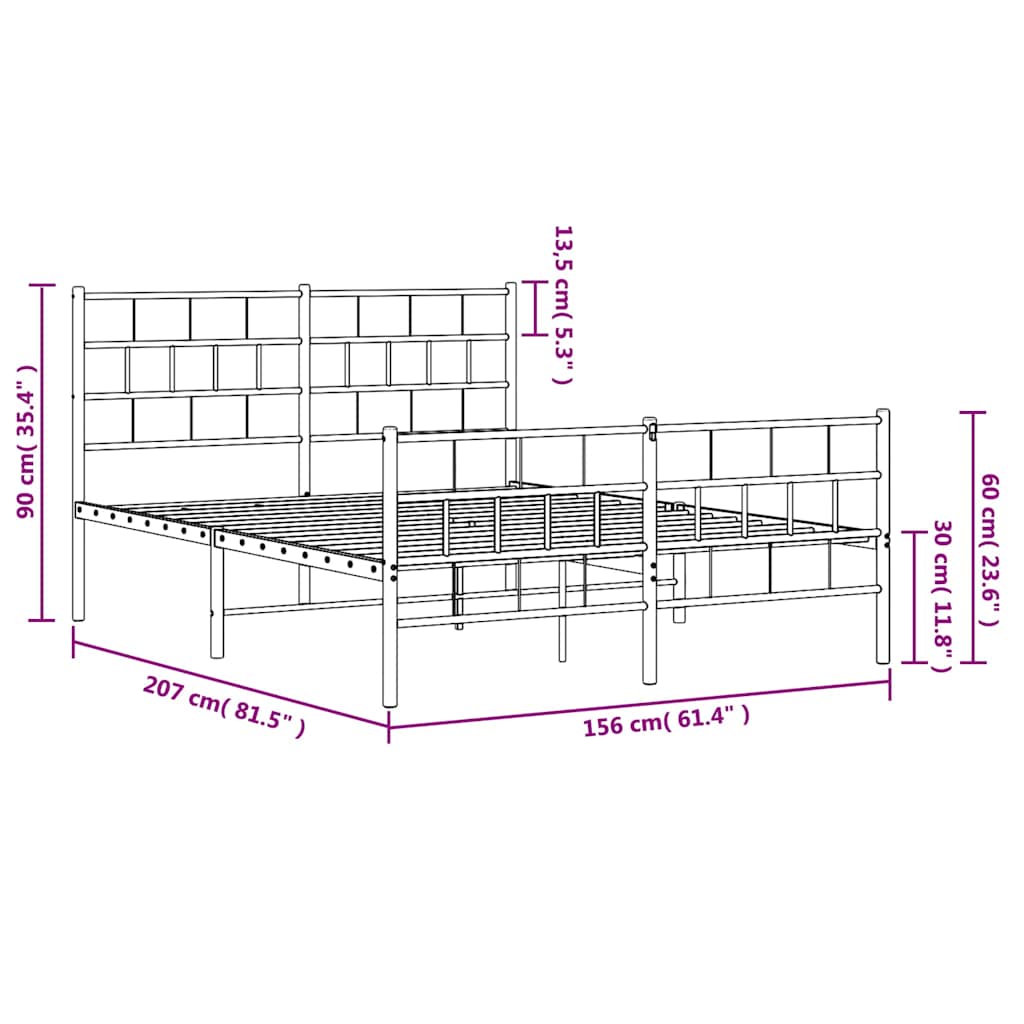 Metal Bed Frame without Mattress with Footboard Black 150x200cm