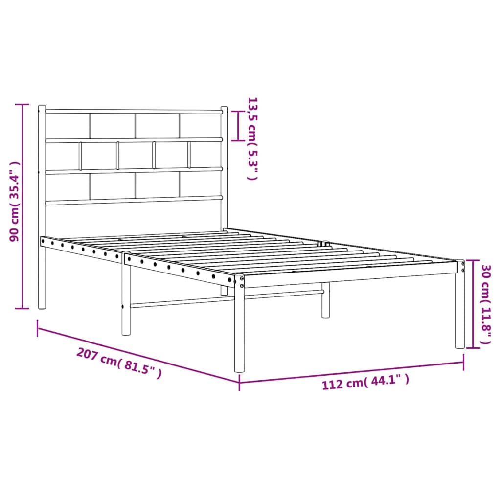 Metal Bed Frame without Mattress with Headboard White 107x203cm