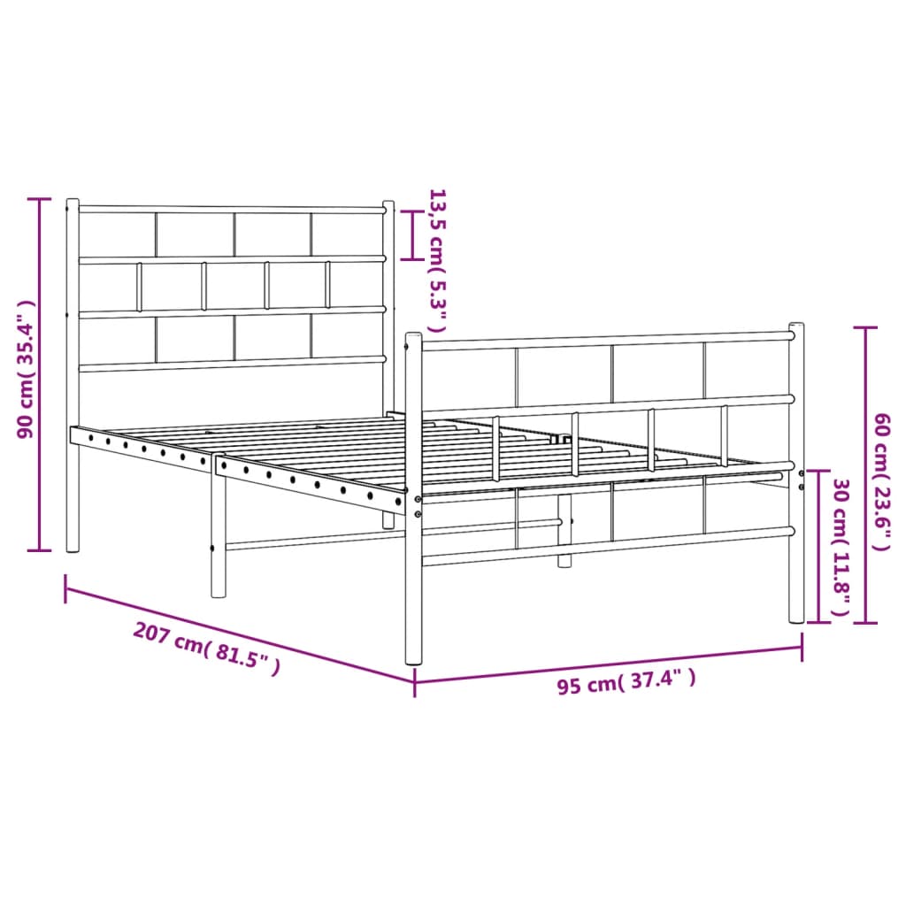 Metal Bed Frame without Mattress with Footboard White 90x200cm