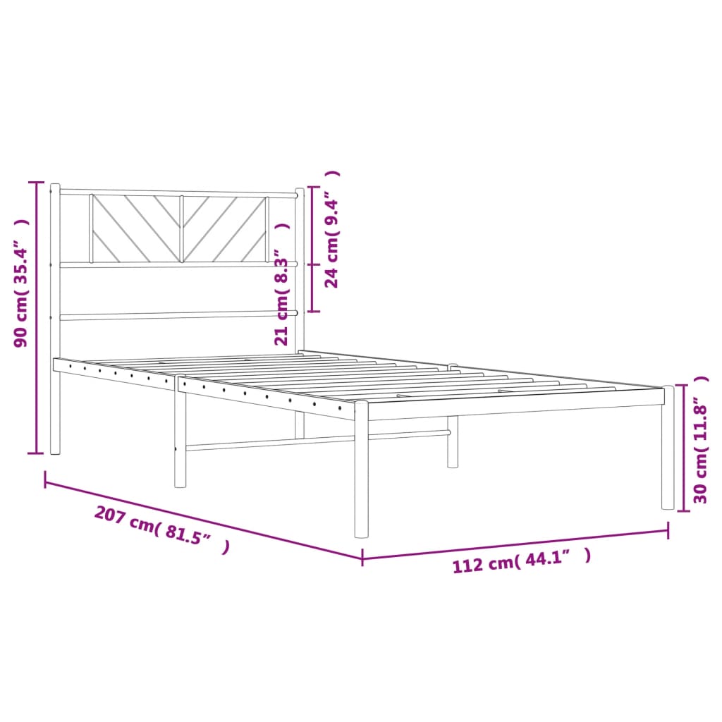 Metal Bed Frame without Mattress with Headboard Black 107x203cm