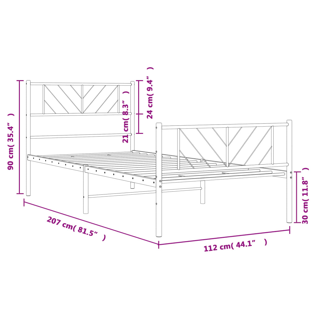 Metal Bed Frame without Mattress with Footboard White 107x203cm