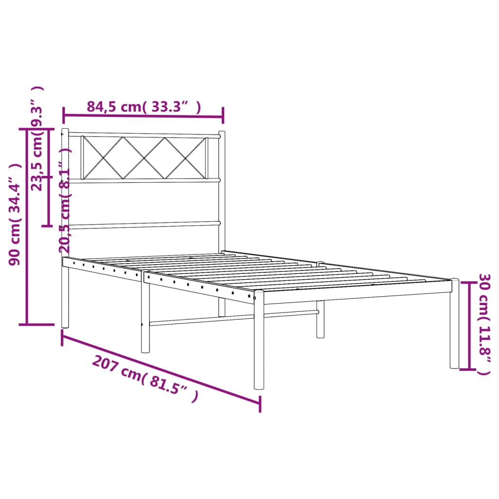 Metal Bed Frame without Mattress with Headboard Black 80x200cm