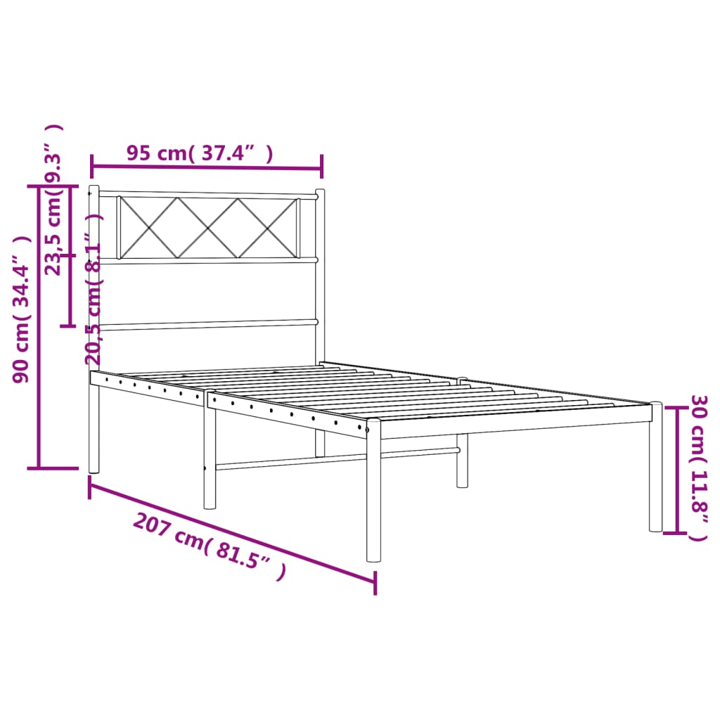 Metal Bed Frame without Mattress with Headboard Black 90x200cm