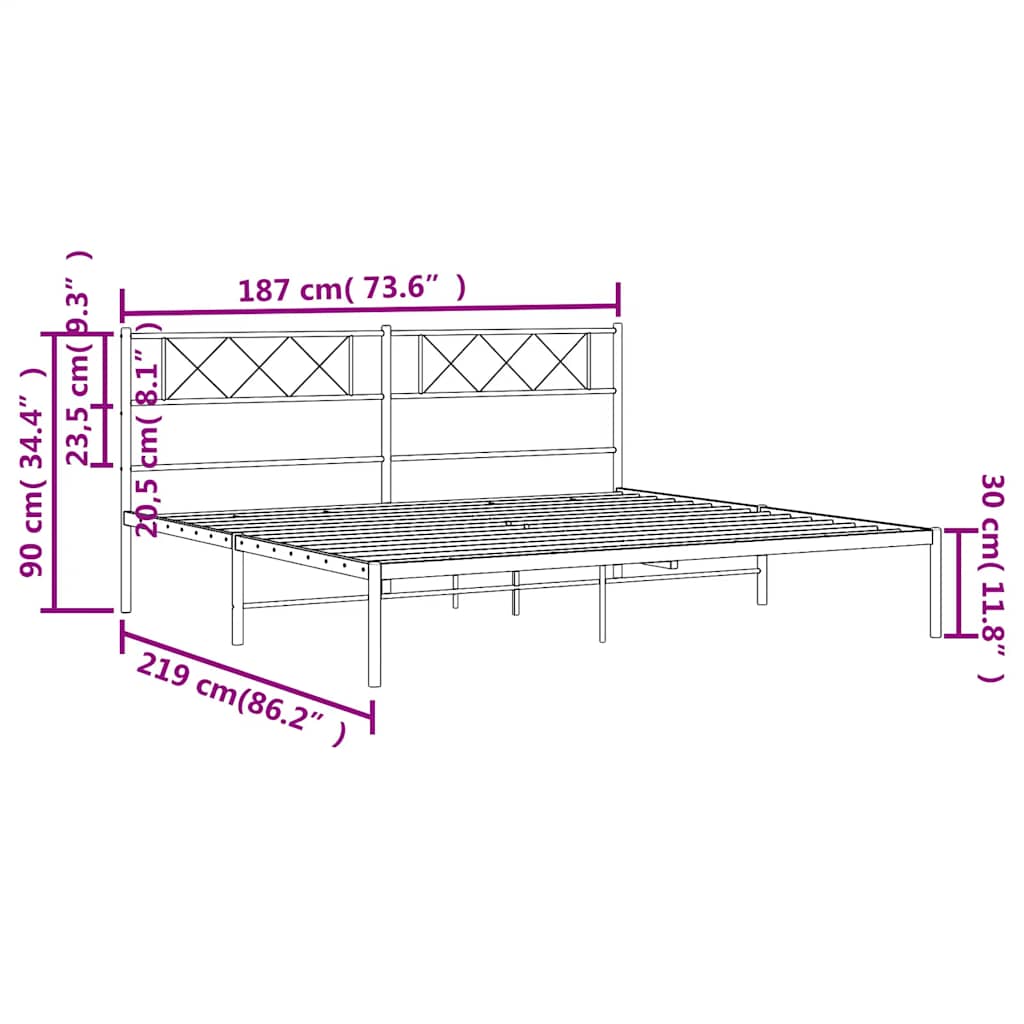 Metal Bed Frame without Mattress with Headboard Black 183x213cm