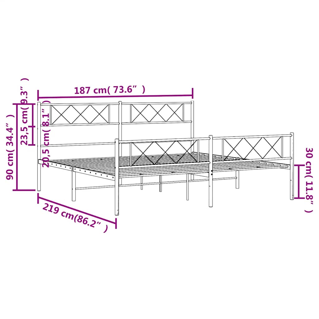 Metal Bed Frame without Mattress with Footboard Black 183x213cm