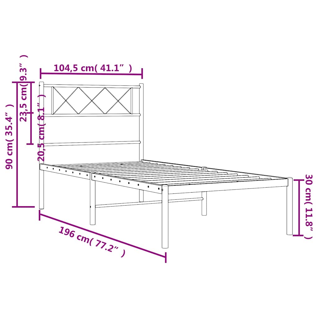 Metal Bed Frame without Mattress with Headboard White 100x190cm