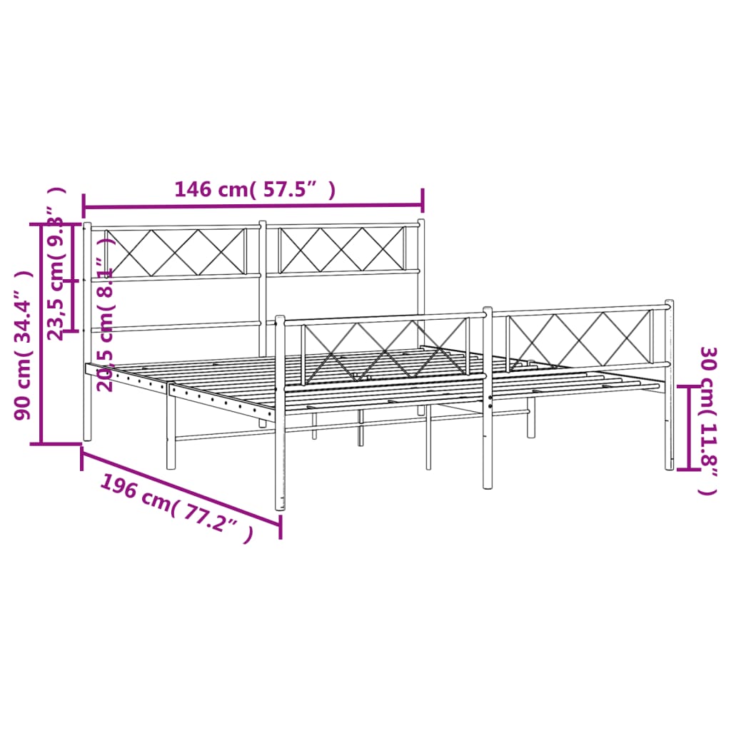 Metal Bed Frame without Mattress with Footboard White 140x190cm