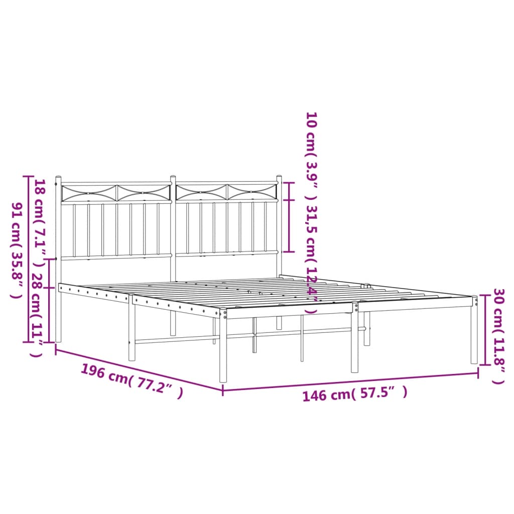 Metal Bed Frame without Mattress with Headboard Black 140x190cm