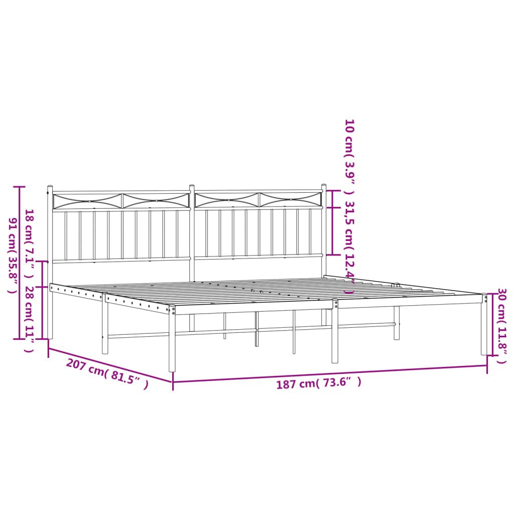 Metal Bed Frame without Mattress with Headboard Black 180x200cm