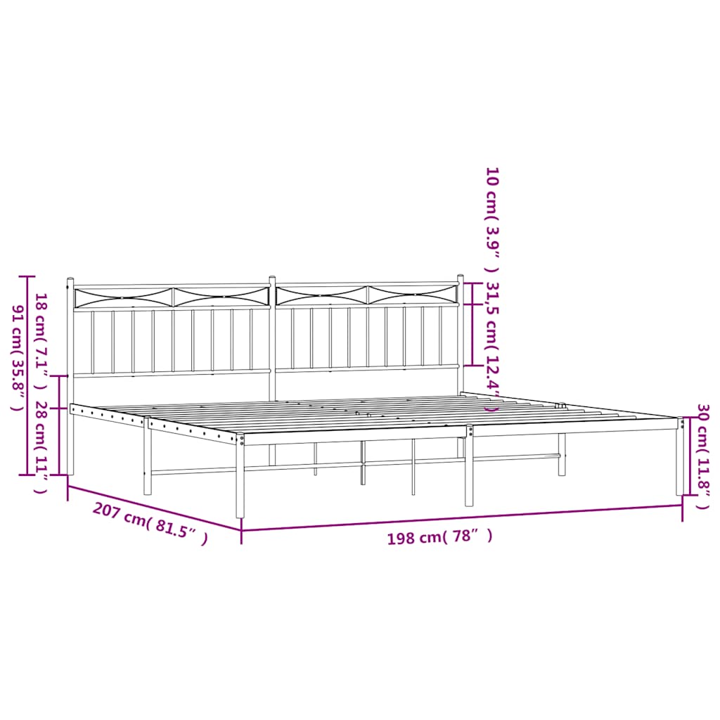 Metal Bed Frame without Mattress with Headboard Black 193x203cm