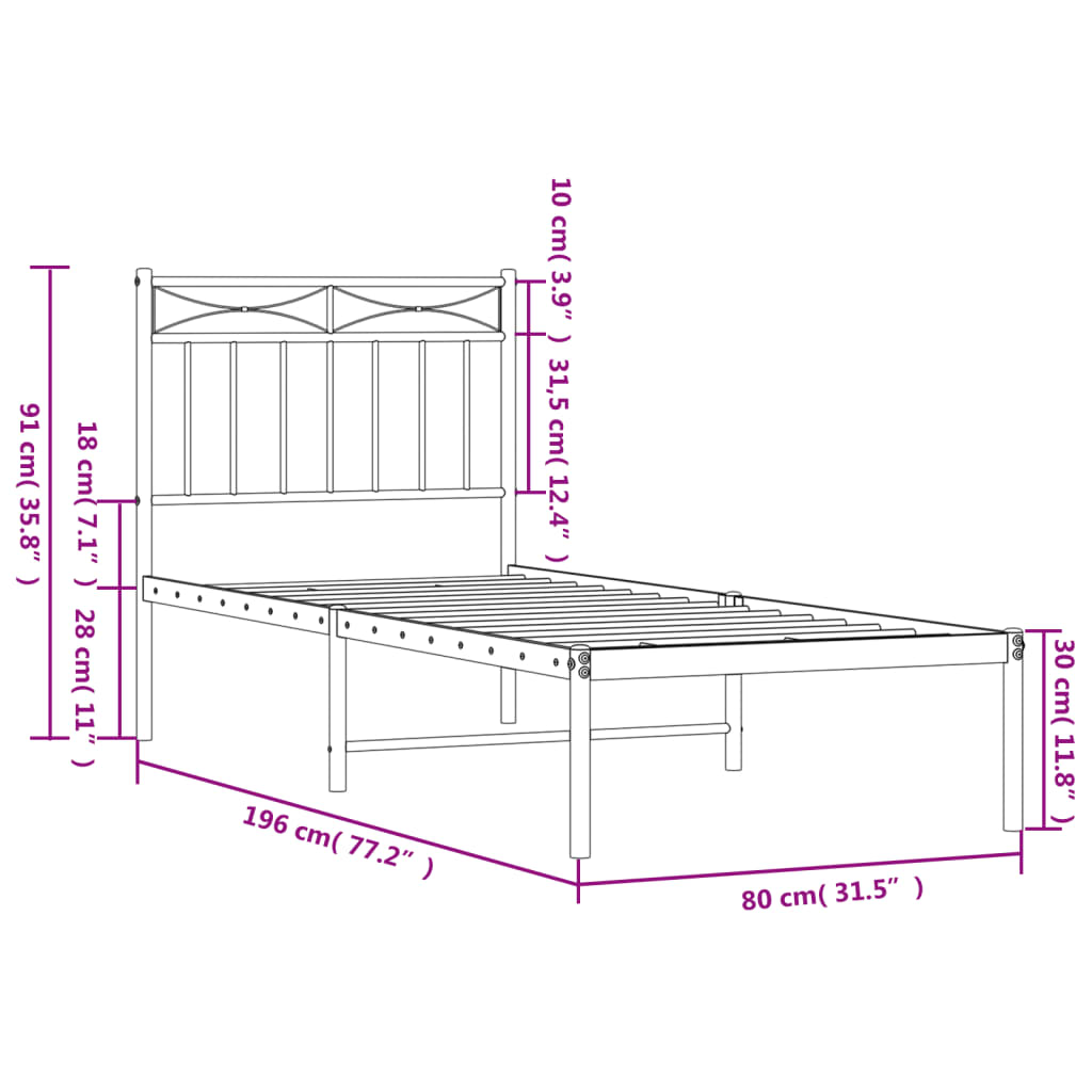 Metal Bed Frame without Mattress with Headboard White 75x190cm