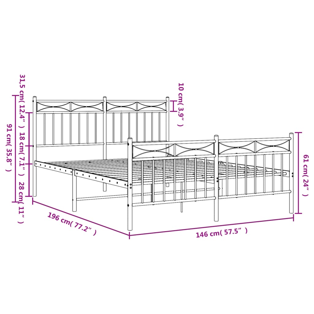 Metal Bed Frame without Mattress with Footboard White 140x190cm
