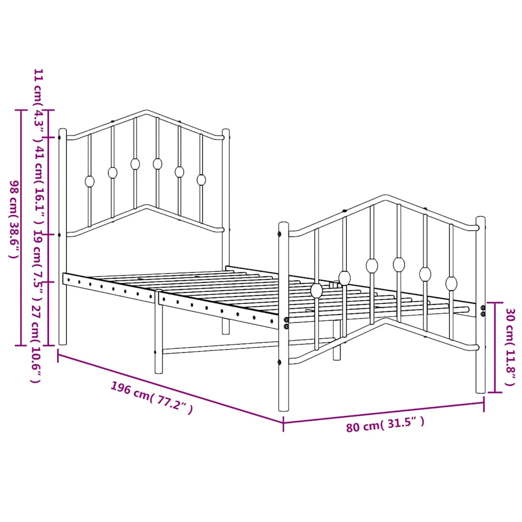 Metal Bed Frame without Mattress with Footboard Black 75x190cm