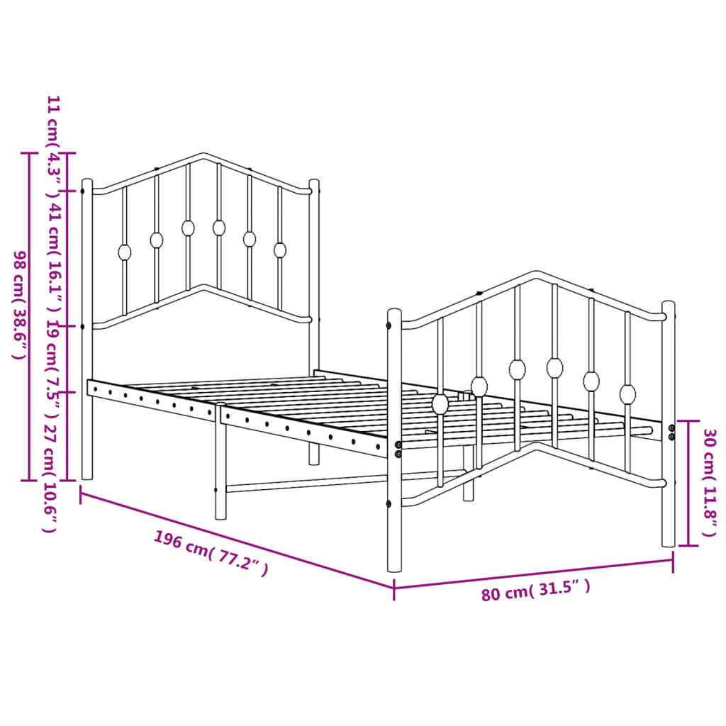 Metal Bed Frame without Mattress with Footboard Black 75x190cm