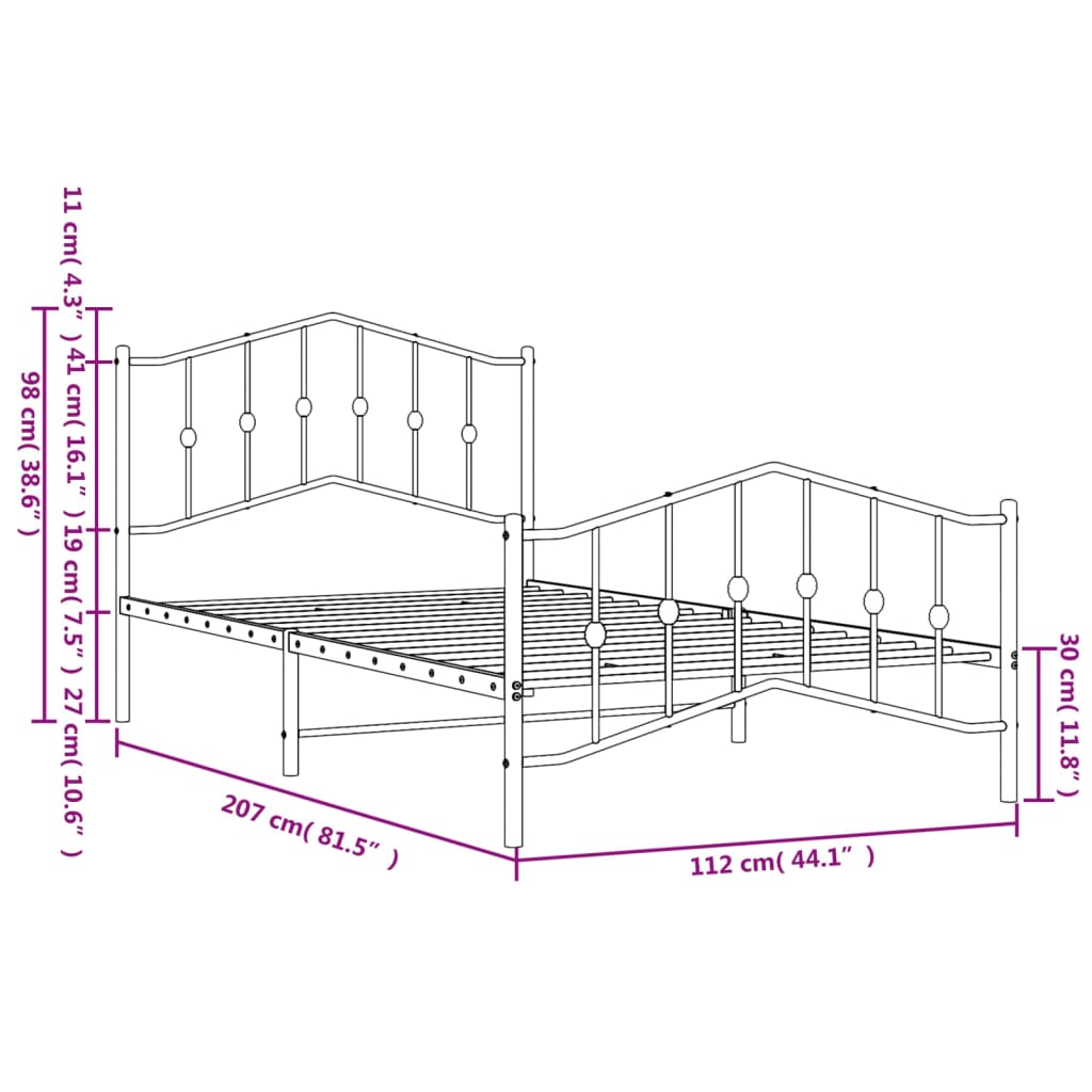 Metal Bed Frame without Mattress with Footboard Black 107x203cm