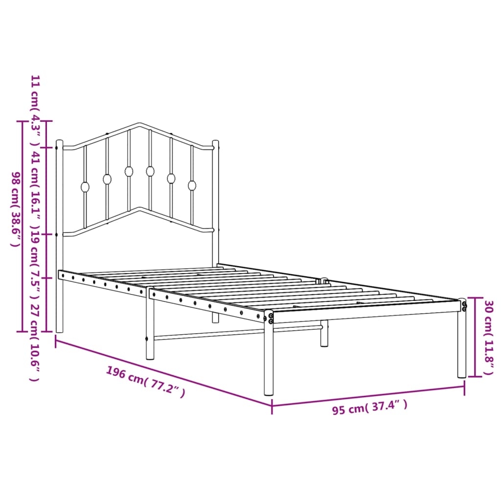 Metal Bed Frame without Mattress with Headboard White 90x190cm