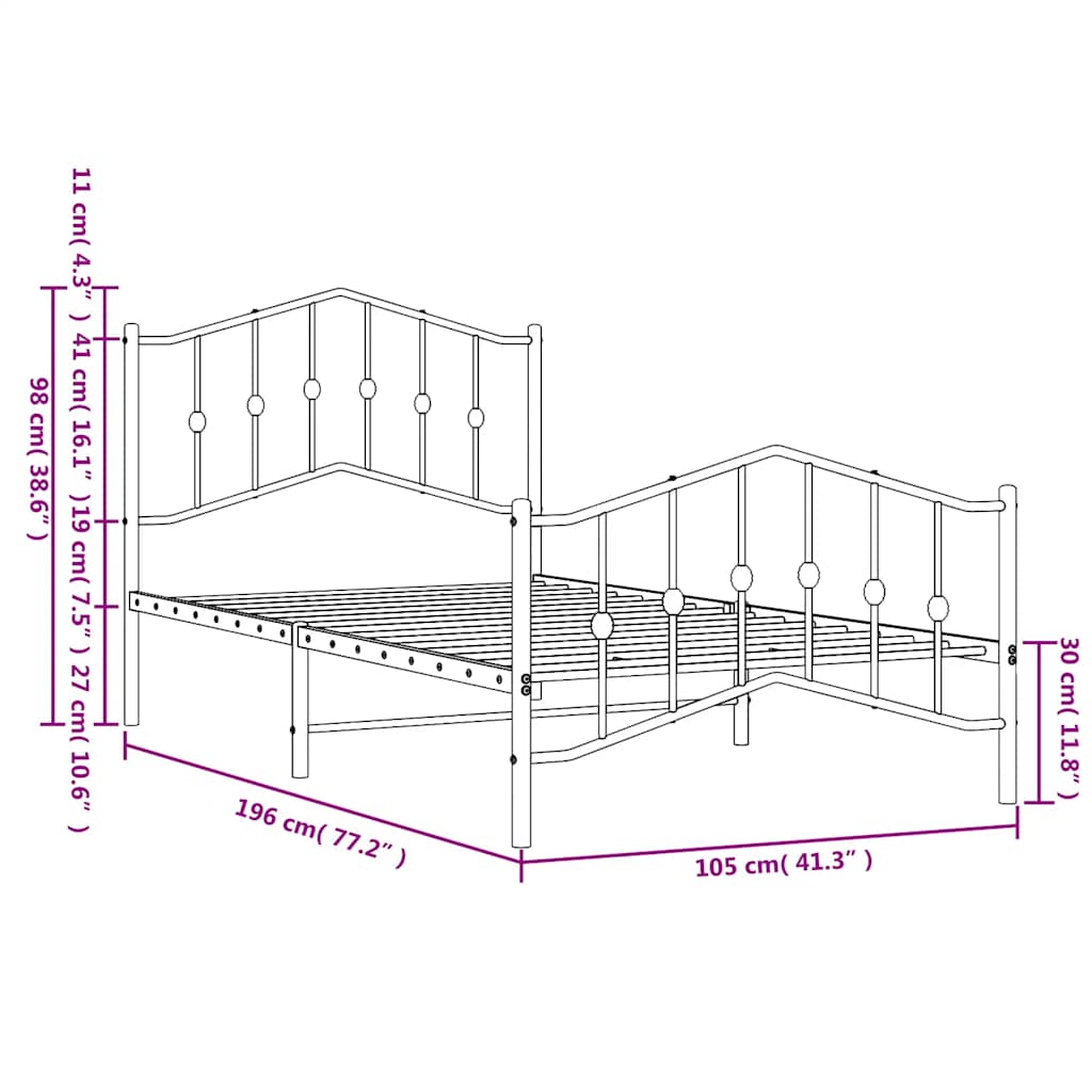 Metal Bed Frame without Mattress with Footboard White 100x190cm