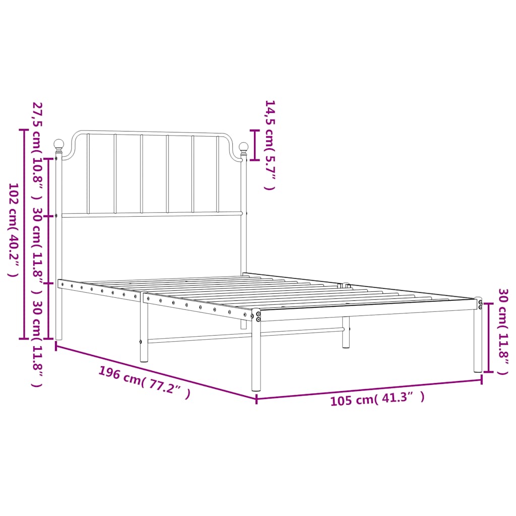 Metal Bed Frame without Mattress with Headboard White 100x190cm