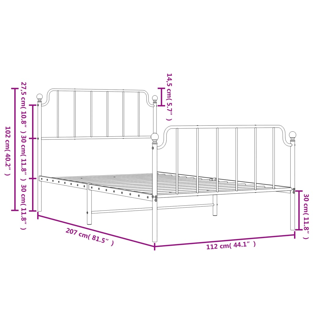 Metal Bed Frame without Mattress with Footboard White 107x203cm