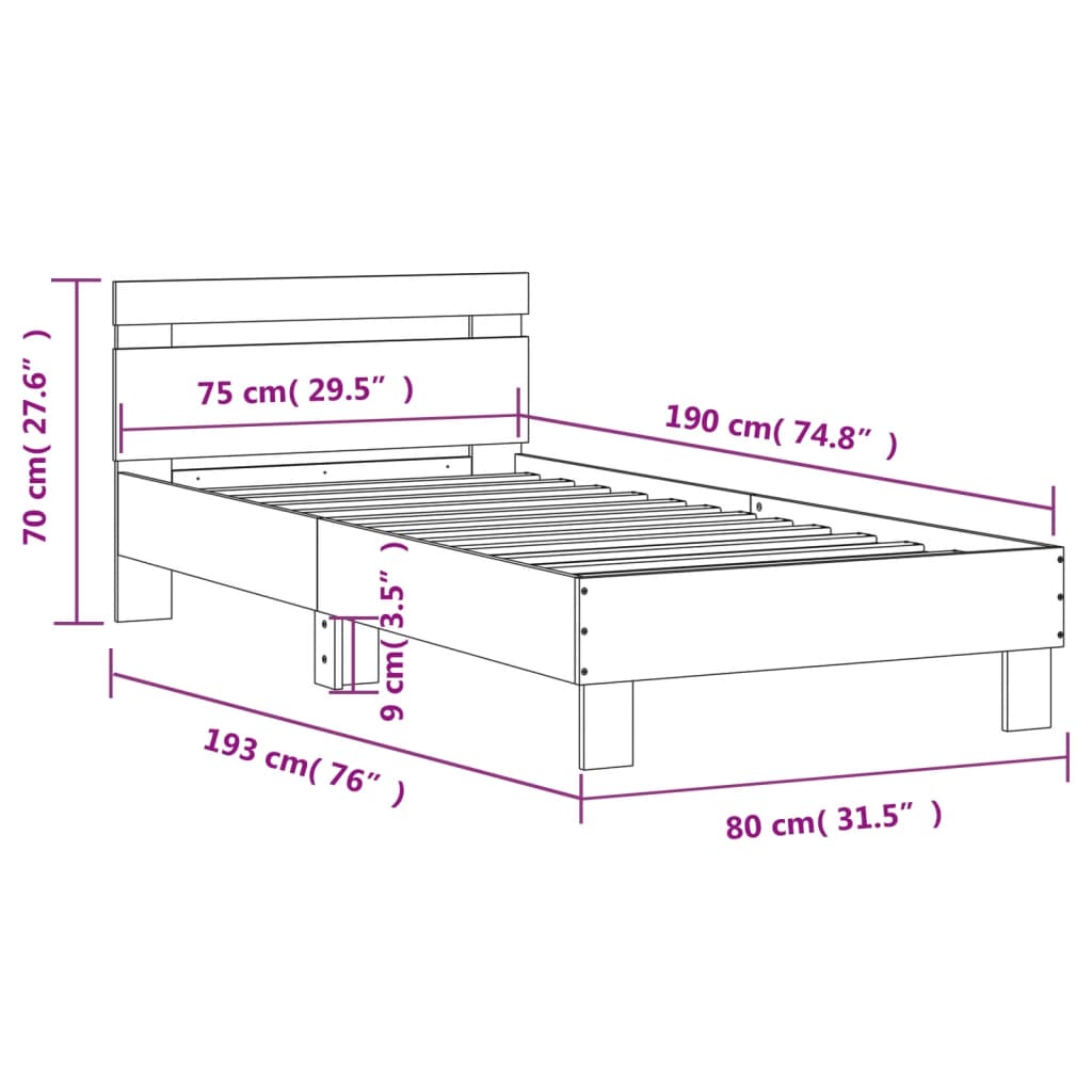 Bed Frame without Mattress with Headboard Grey Sonoma 75x190 cm