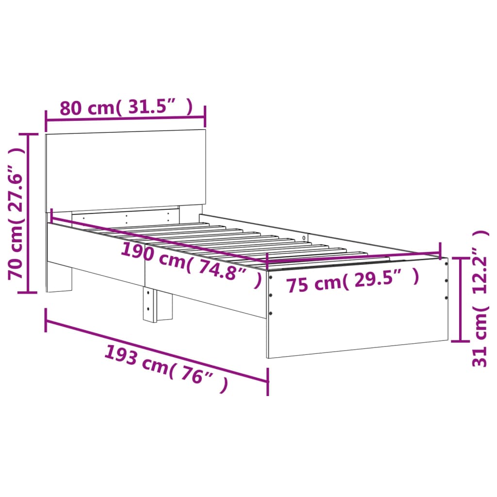Bed Frame without Mattress with Headboard White 75x190 cm