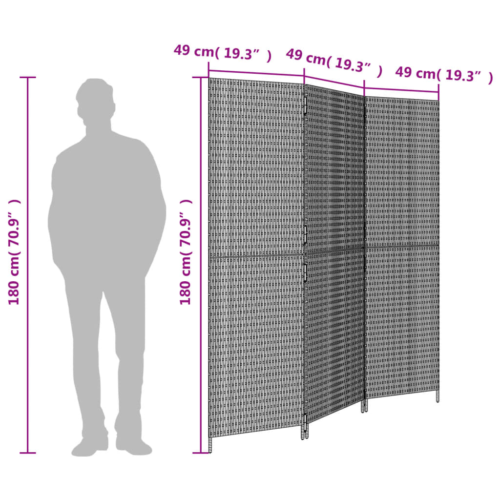Room Divider 3 Panels Black Poly Rattan