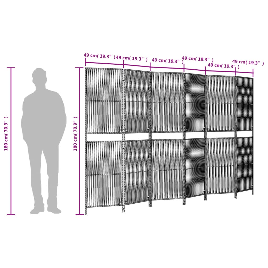 Room Divider 6 Panels Grey Poly Rattan