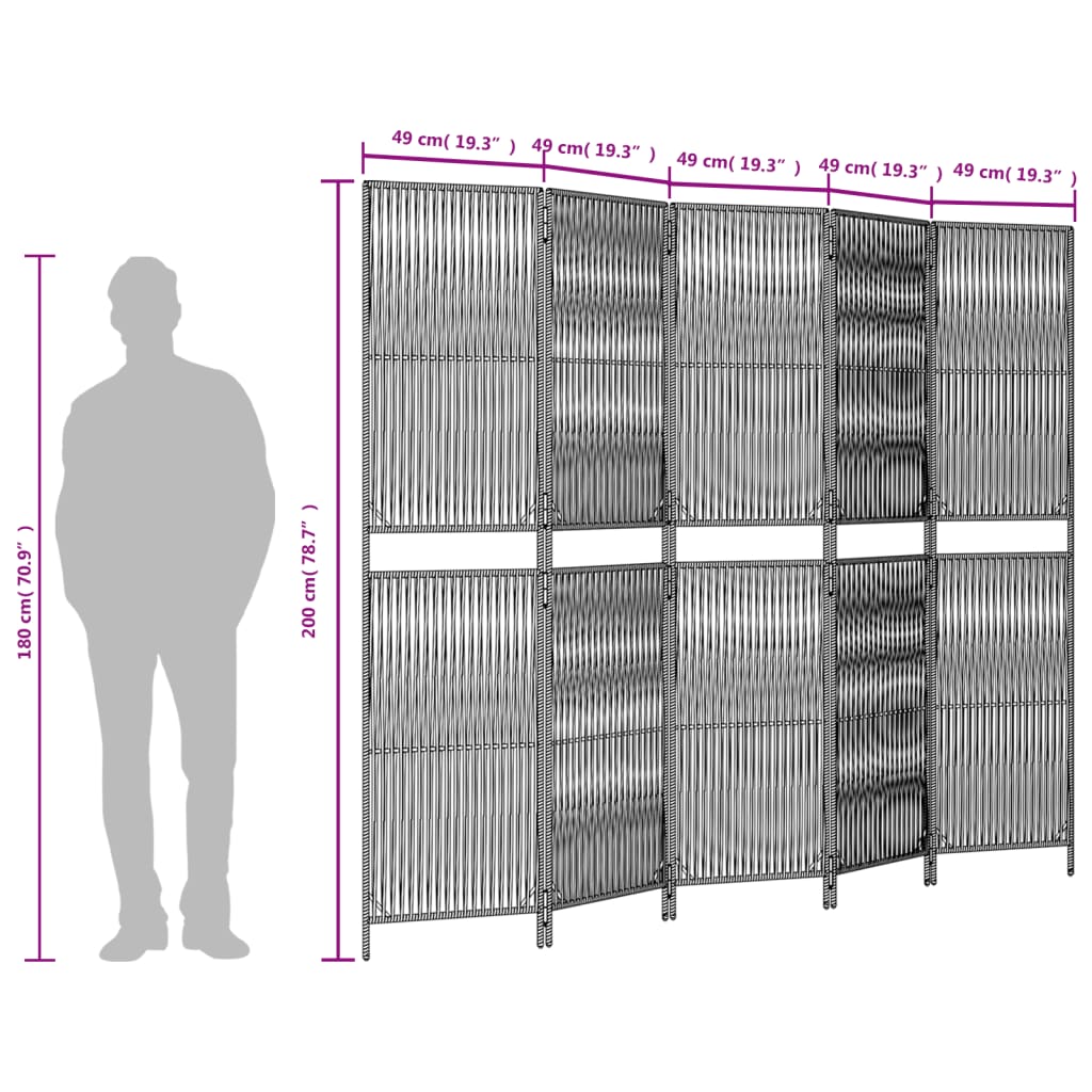 Room Divider 5 Panels Grey Poly Rattan
