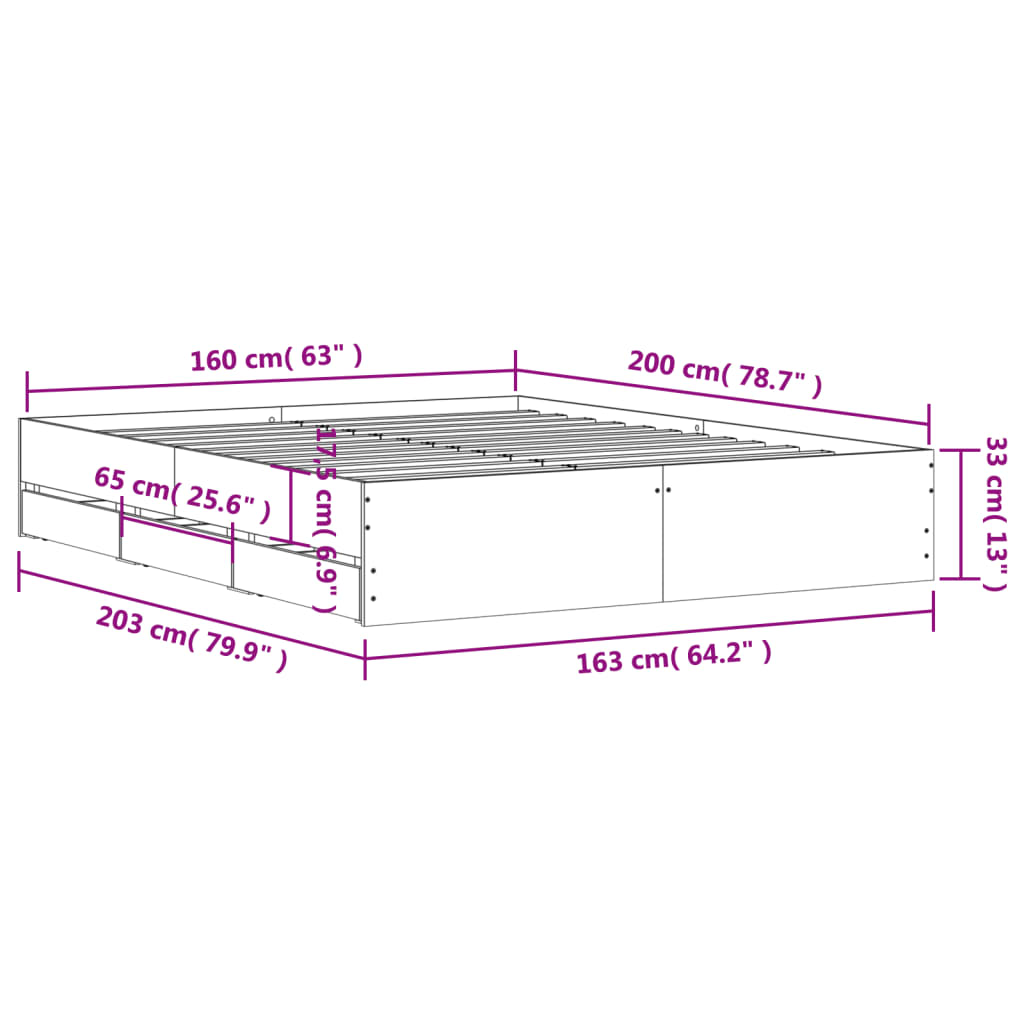 Bed Frame with Drawers without Mattress White 160x200 cm