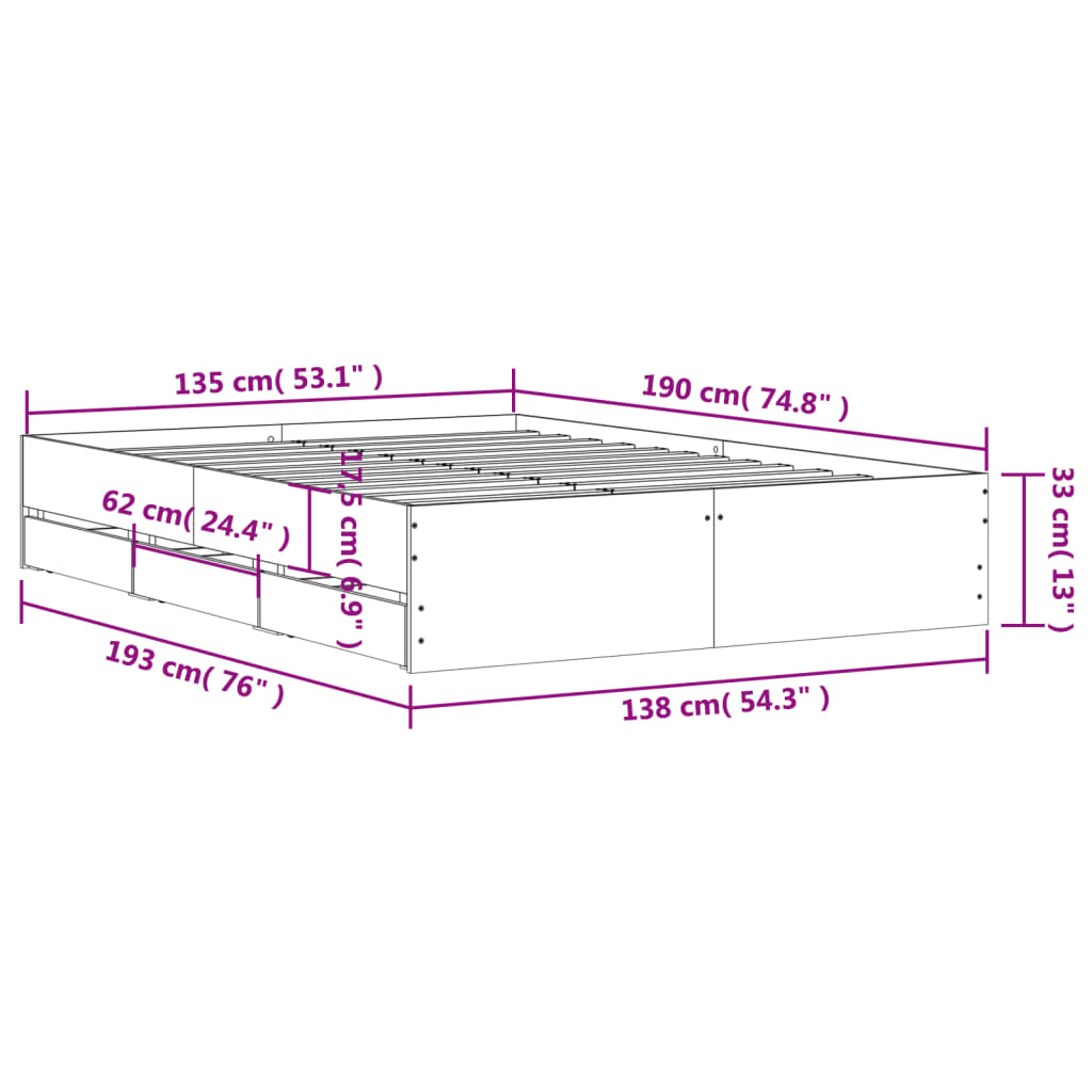 Bed Frame with Drawers without Mattress Grey Sonoma 135x190 cm