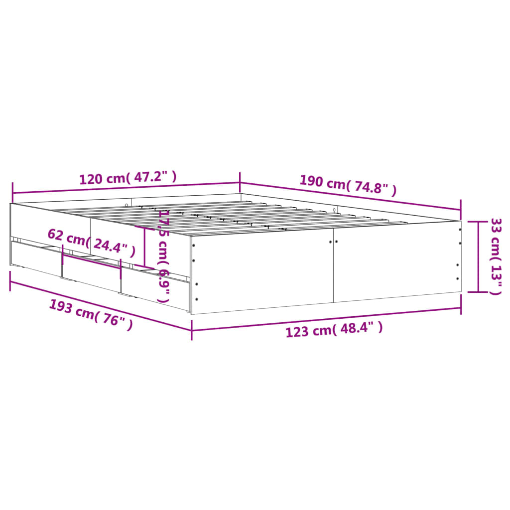 Bed Frame with Drawers without Mattress White 120x190 cm