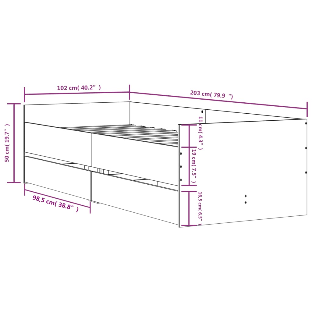 Bed Frame with Drawers without Mattress Black 100x200 cm