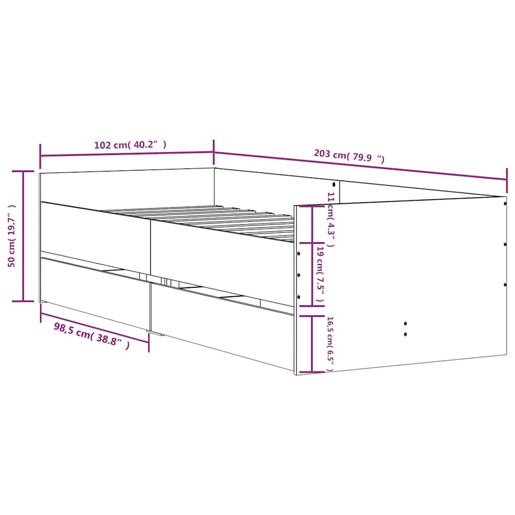 Bed Frame with Drawers without Mattress Grey Sonoma 100x200 cm