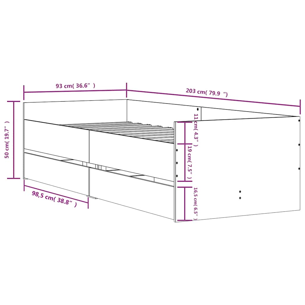 Bed Frame with Drawers without Mattress Concrete Grey 90x200 cm