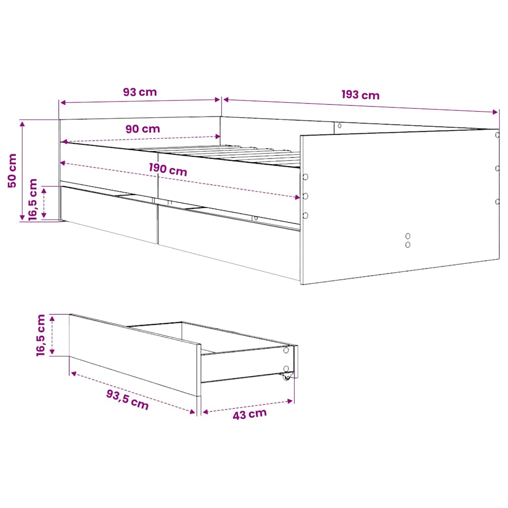 Bed Frame with Drawers without Mattress Black 90x190 cm Single